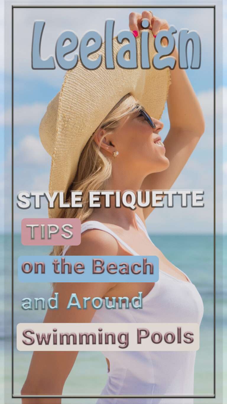 A beautiful blond woman wearing a simple, yet elegant white summer top. She is having radiant smile and a hey beach hat. Photo cover of the blogpost about: Style Etiquette Tips on the Beach and Around Swimming Pools